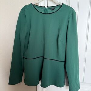 Ann Taylor Forest Green Blouse with Black Trim and Subtle Peplum Size M